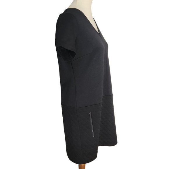 Ann Taylor Black Quilted Skirt Short Sleeve Shift Mini Dress Women's Size M - Picture 2 of 14